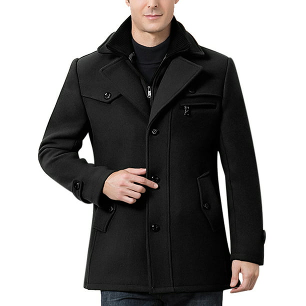 Men's Double Breasted Woolen Jacket Slim Fit Trench Coat Faux Fur Collar New L
